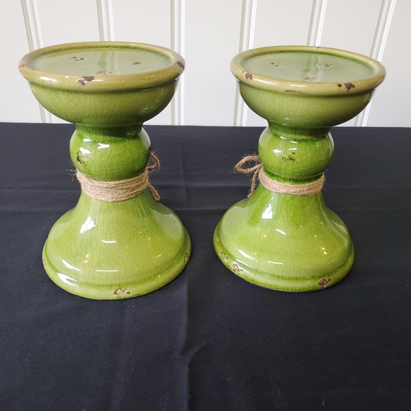 Green Distresses Candle Stick Holders 2 pc. Set - Picture 5 of 11